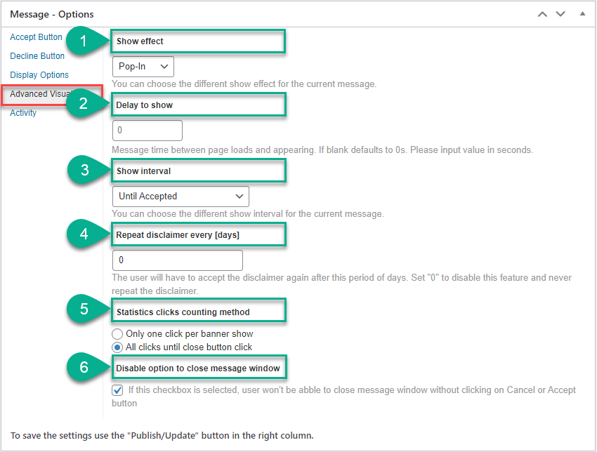 Advanced visual settings - WordPress Cookies Notification Popup