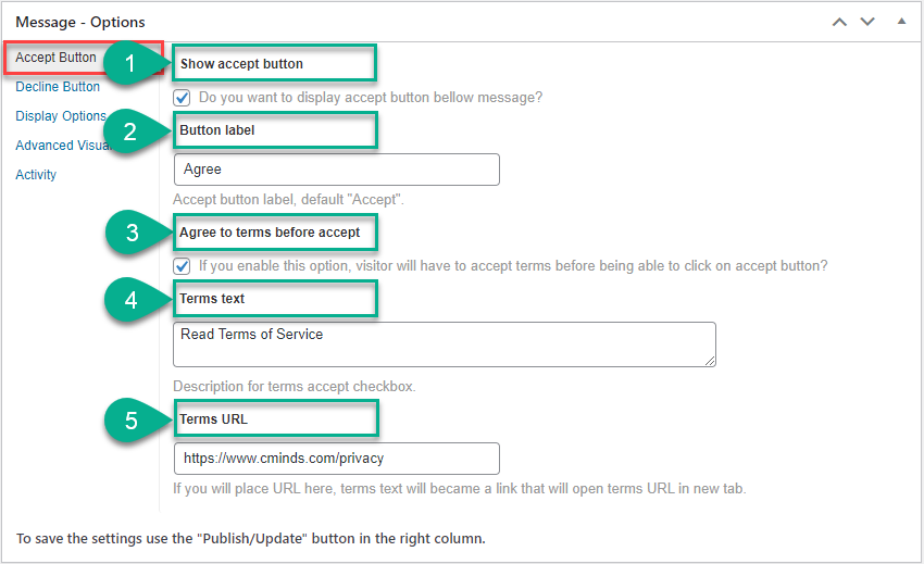 Accept button settings - WordPress Disclaimer Plugin