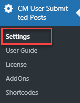 Navigation to the plugin settings - WordPress User Submitted Posts