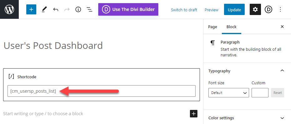 Placing the user dashboard to the page - Frontend Publishing Plugin