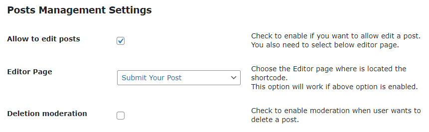 Posts management settings - WordPress Plugin to Allow Users to Post On Front End