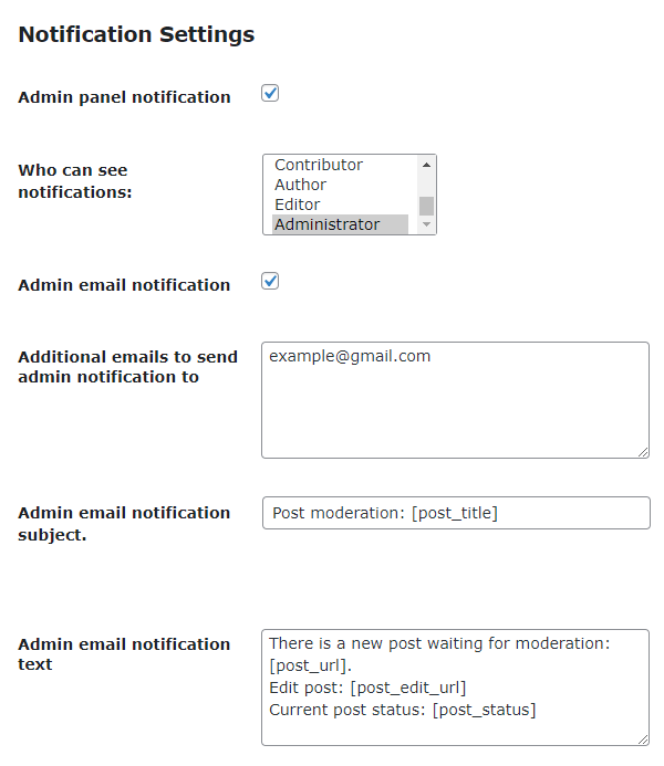 Notification settings - Frontend Posting WordPress Plugin