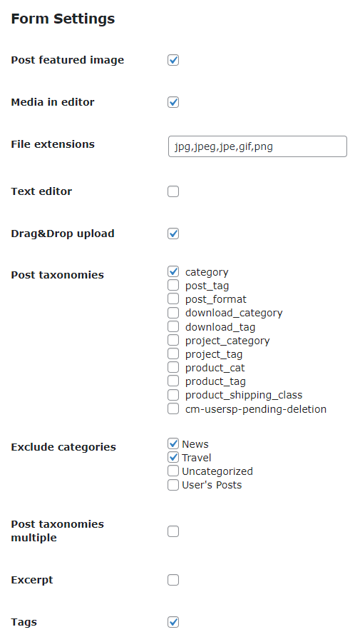 Form settings - Front End Post Submission WordPress Plugin