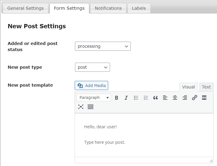 New post settings - WordPress User Submitted Posts