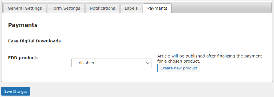 Payments settings - WordPress Plugin to Allow Users to Post On Front End