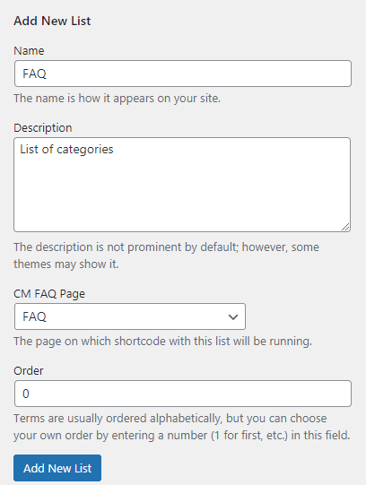 Form for creating new FAQ list - WordPress FAQ Plugin With Search Bar