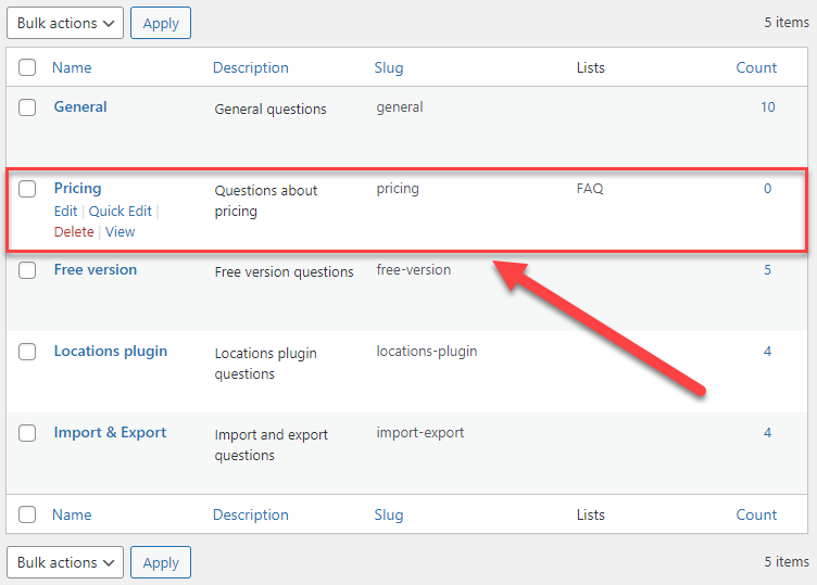 Table with created FAQ categories - WordPress FAQ Schema Plugin