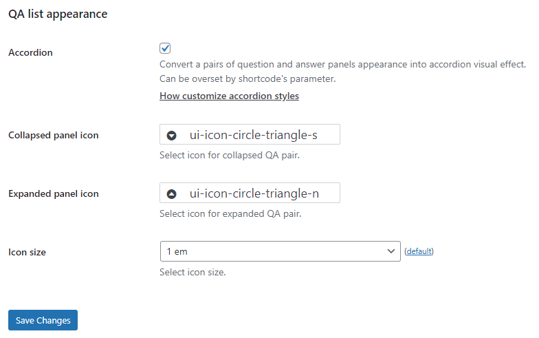 QA list appearance settings - Frequently Asked Questions Plugin WordPress