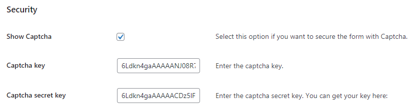 Captcha settings - WordPress Searchable FAQ Plugin