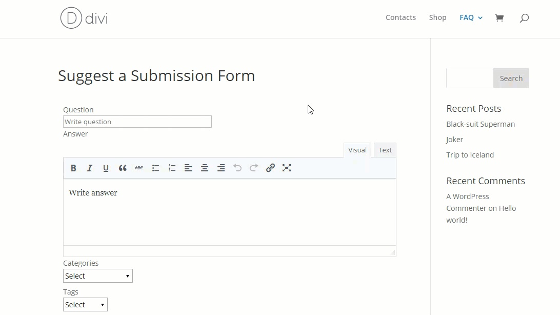 Form for suggesting a question - FAQ Plugin WordPress