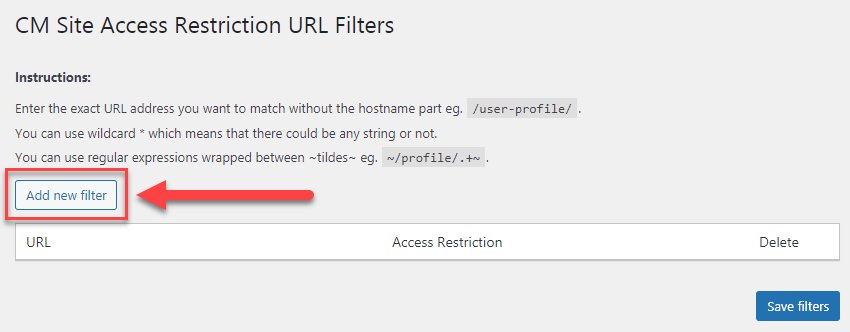 Adding new URL filter - Page Restriction WordPress