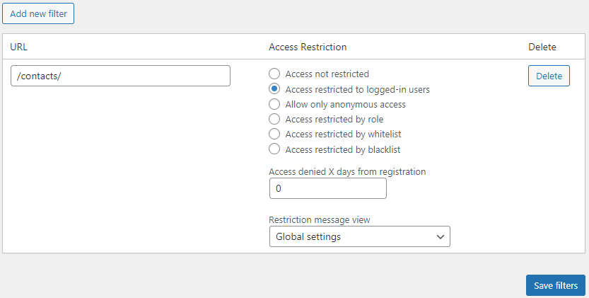 Example of overriding global restriction settings for the specific URL - WordPress Restricted Site Access