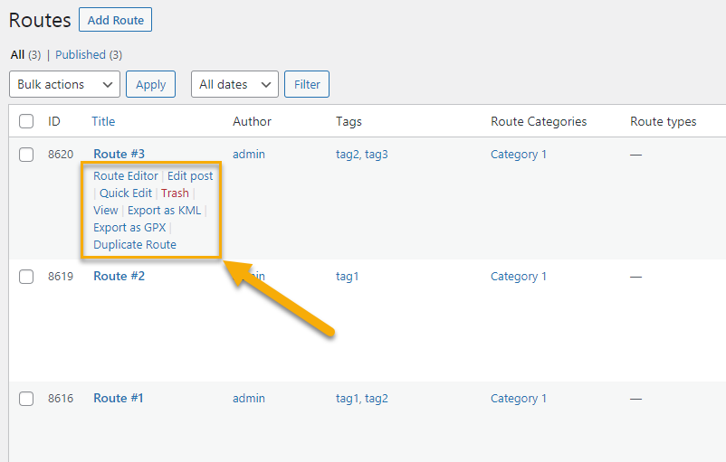 Actions you can do with routes - Route Display WordPress