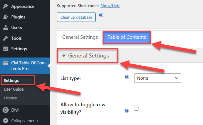 General plugin settings - Table of Contents WordPress