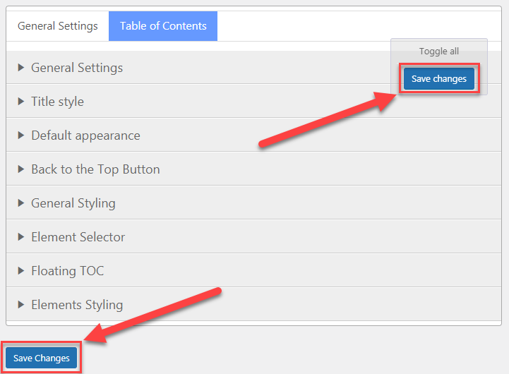 Saving the changes - Add Table of Contents WordPress