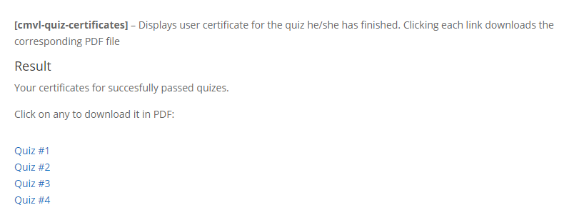 Showing the list of achieved quizzes certificates to the user - WordPress eLearning Plugin