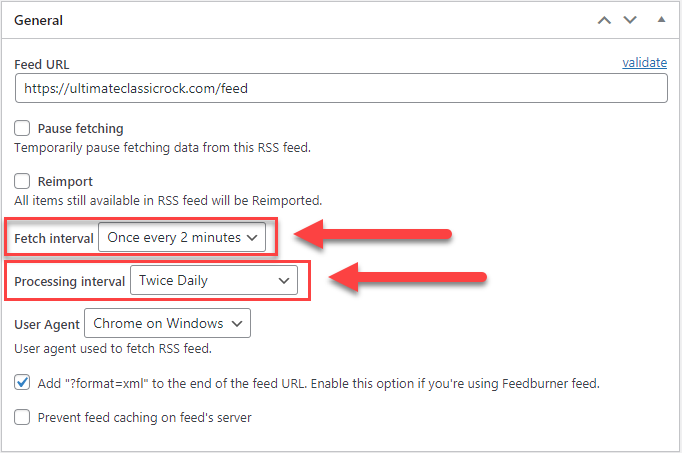 Setting up the fetch and processing intervals - RSS Feed Importer WordPress Plugin