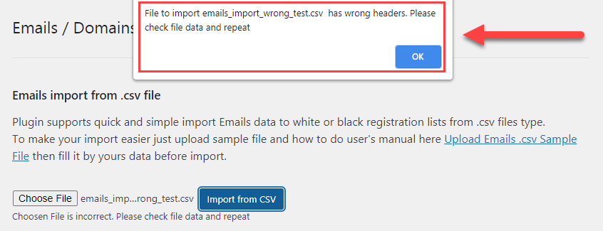 Error example - WordPress Block Domain Registration