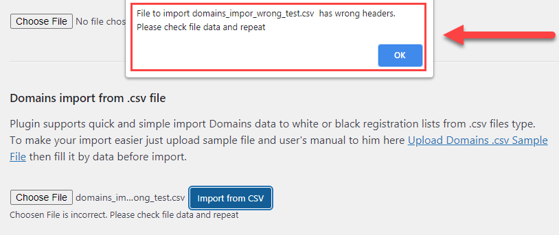 Error example - WordPress Block Domain Registration