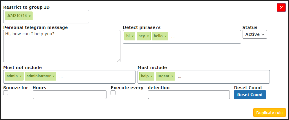 Example of the created rule - WordPress Telegram Plugin