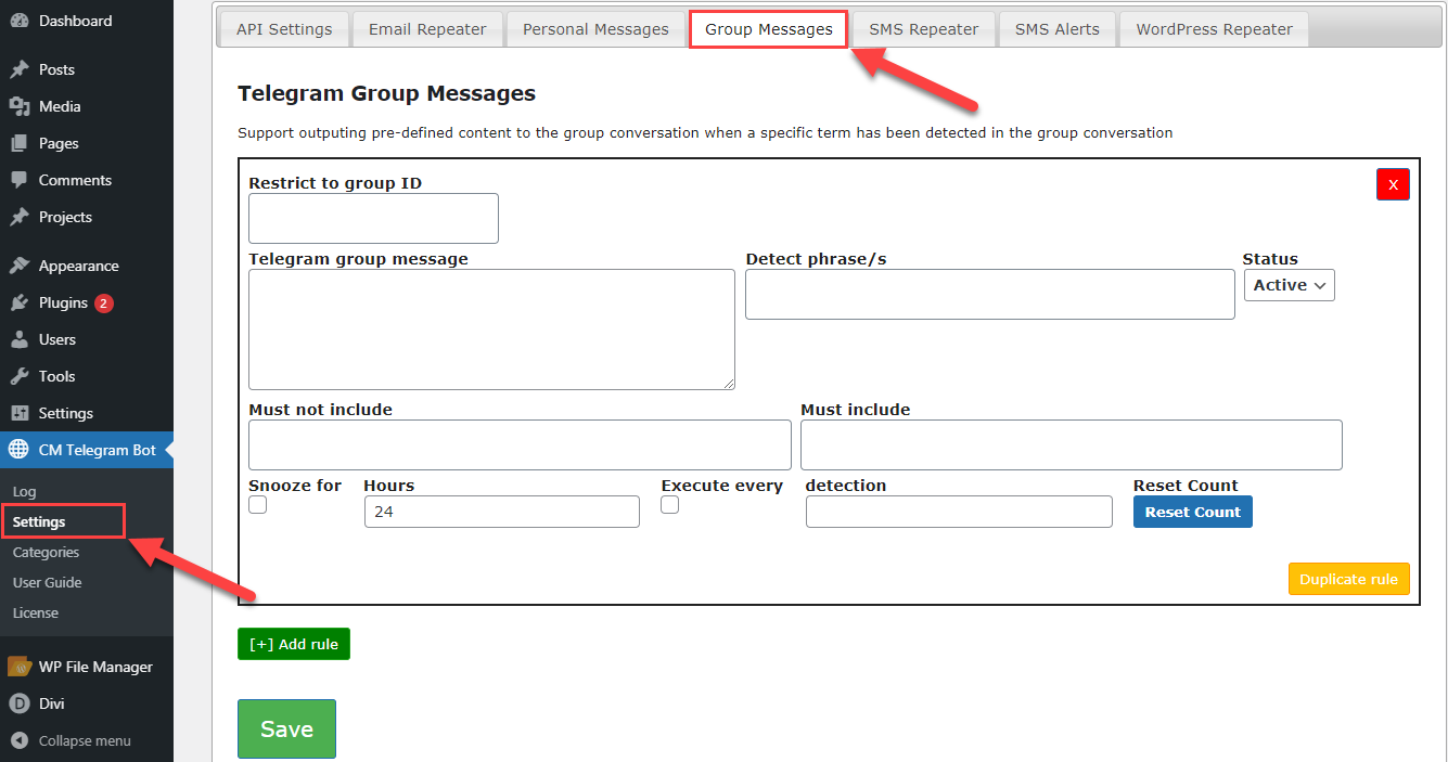 Creating a Group Messages rule - Telegram Group Bot Manager