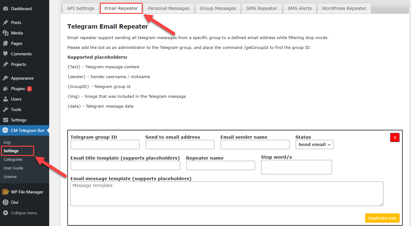 Creating an Email Repeater rule - Telegram Group Bot Manager