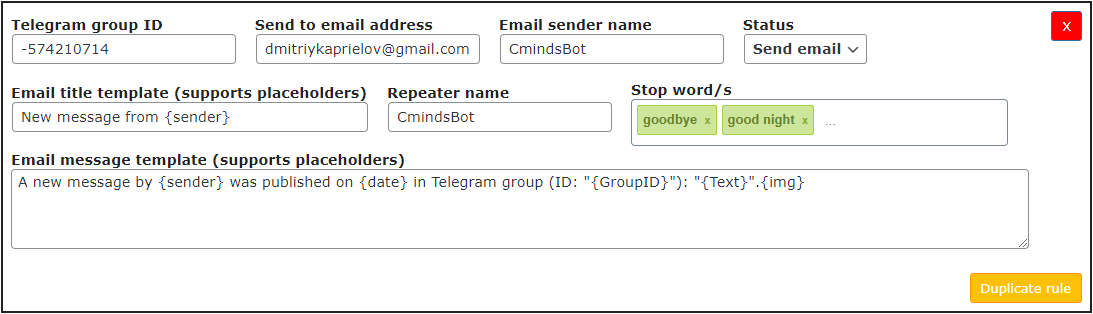 Example of the rule - WordPress Telegram Plugin