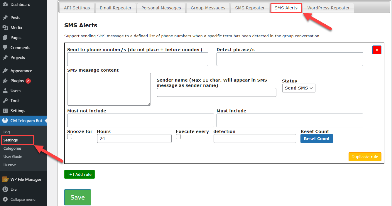 Creating an SMS Alert rule - Telegram Bot Plugin for WordPress