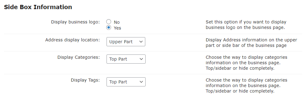 Side Box Information settings - Business Directory Plugin