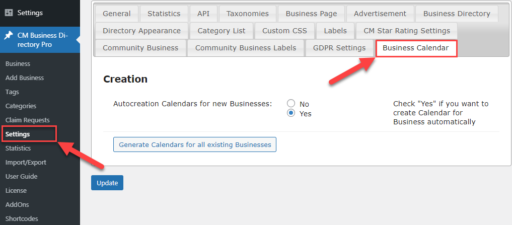 Autocreatiion calendars for new businesses - WordPress Directory Listing Plugin