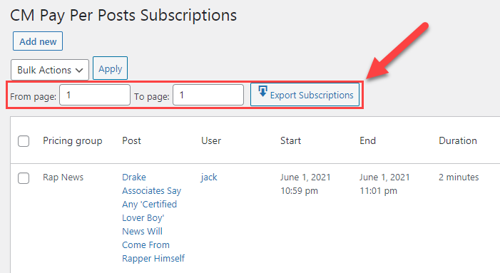 Exporting subscriptions to CSV - WordPress Plugin Paywall