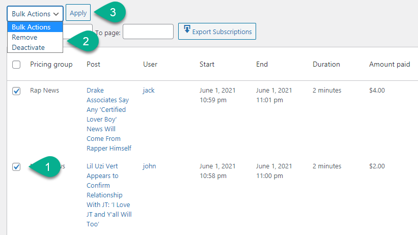 Applying bulk actions to subscription - Best Paywall Plugin for WordPress