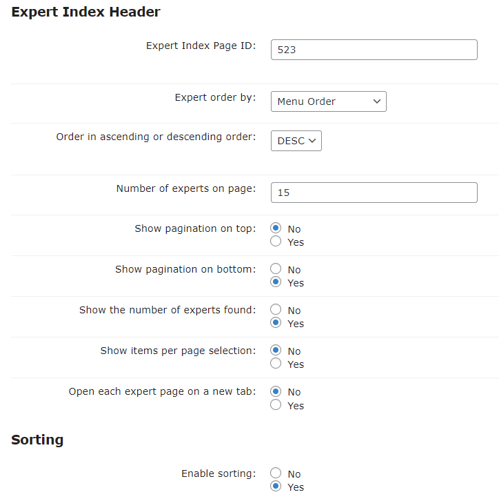 Expert index header settings - WordPress Staff Directory Plugin