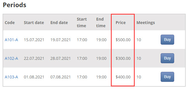 Price column - WordPress Plugin for Courses