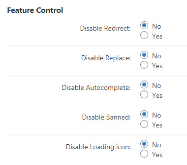 Feature control settings - WordPress Search Bar Plugin