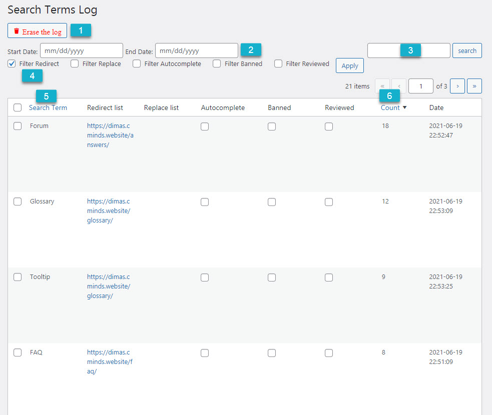 Search terms log - WordPress Search Suggestions