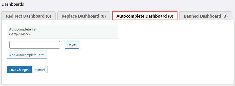 Autocomplete dashboard - WordPress Search Suggestions