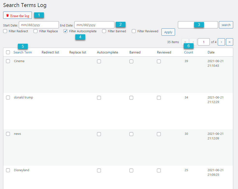 Search terms log - WordPress Search Suggestions