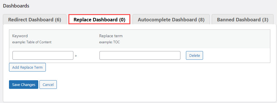 Replace dashboard - Search Engine Plugin for WordPress