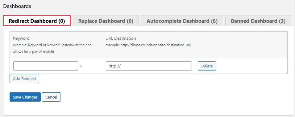 Redirect dashboard - WordPress Search Suggestions