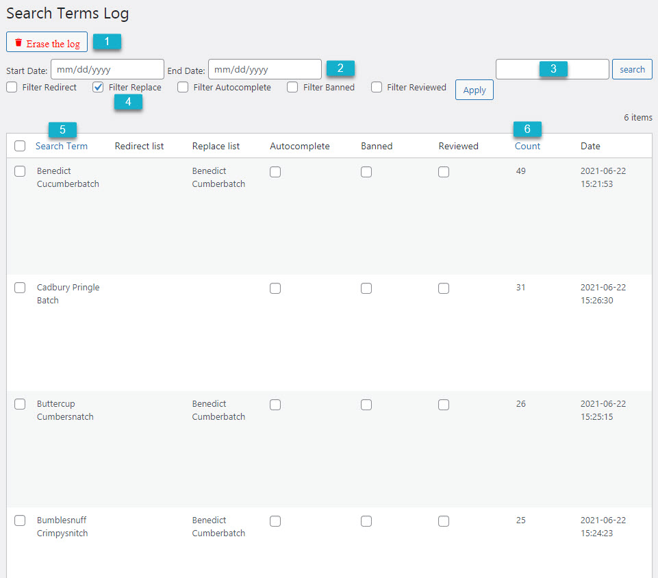 Search terms log - Search Engine Plugin for WordPress