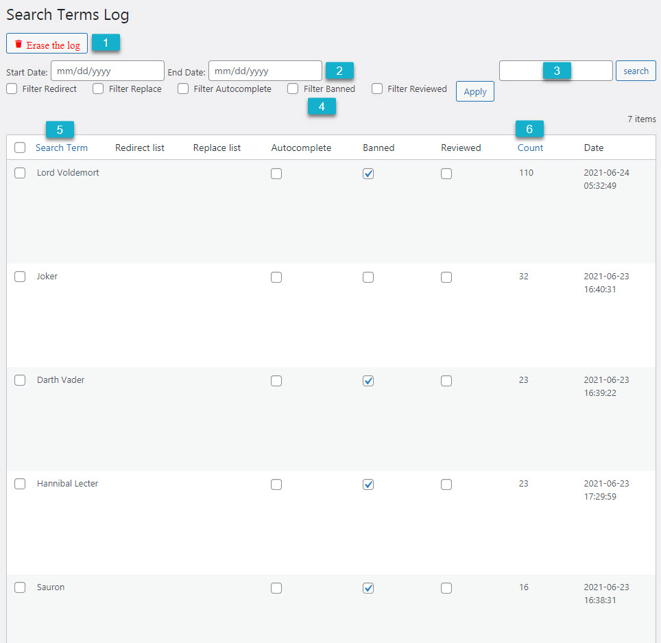 Search terms log - WordPress Search Form Plugin