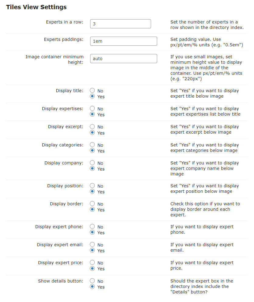 Tiles view settings - WordPress Staff Directory Plugin