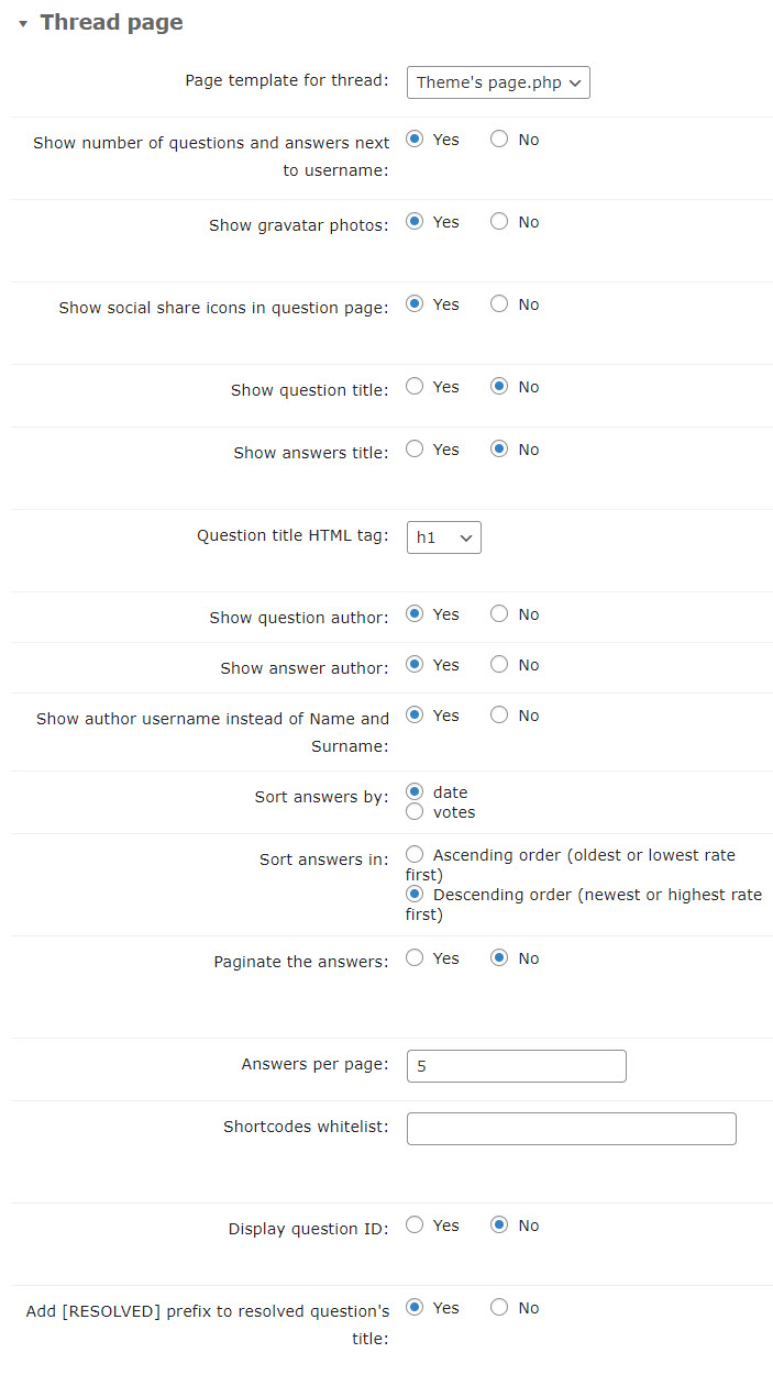 Thread page settings - WordPress Question and Answer Plugin