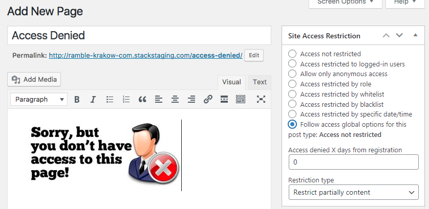 Creating an 'access denied' page - Content Control WordPress