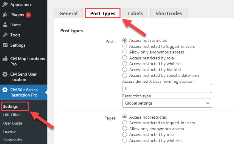 Post types settings tab - Page Restriction WordPress