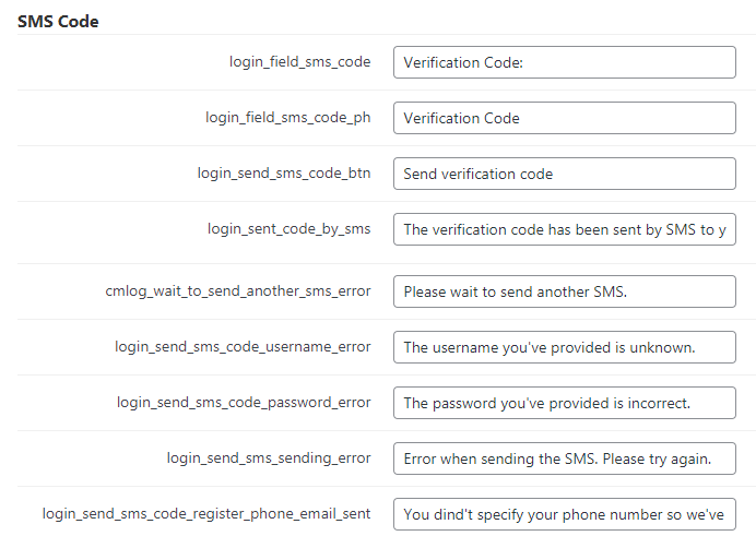 SMS code labels - WP 2FA Plugin