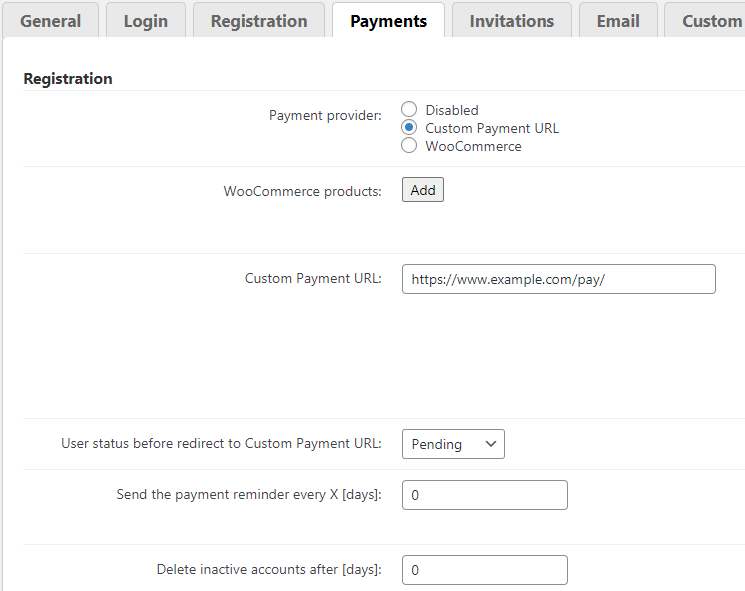 Payments settings - User Registration WordPress