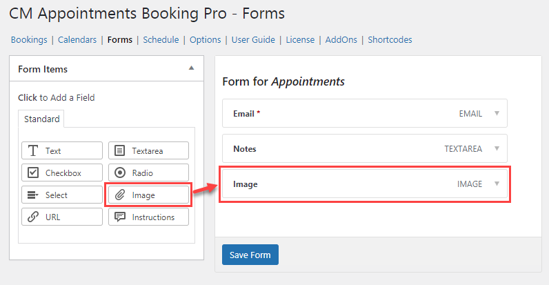 Option for attaching an image - Booking Plugin WordPress