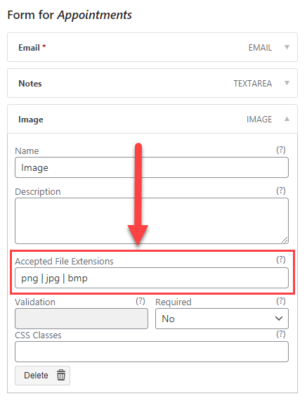 Specifying accepted file extensions - WordPress Plugin for Scheduling Consultations